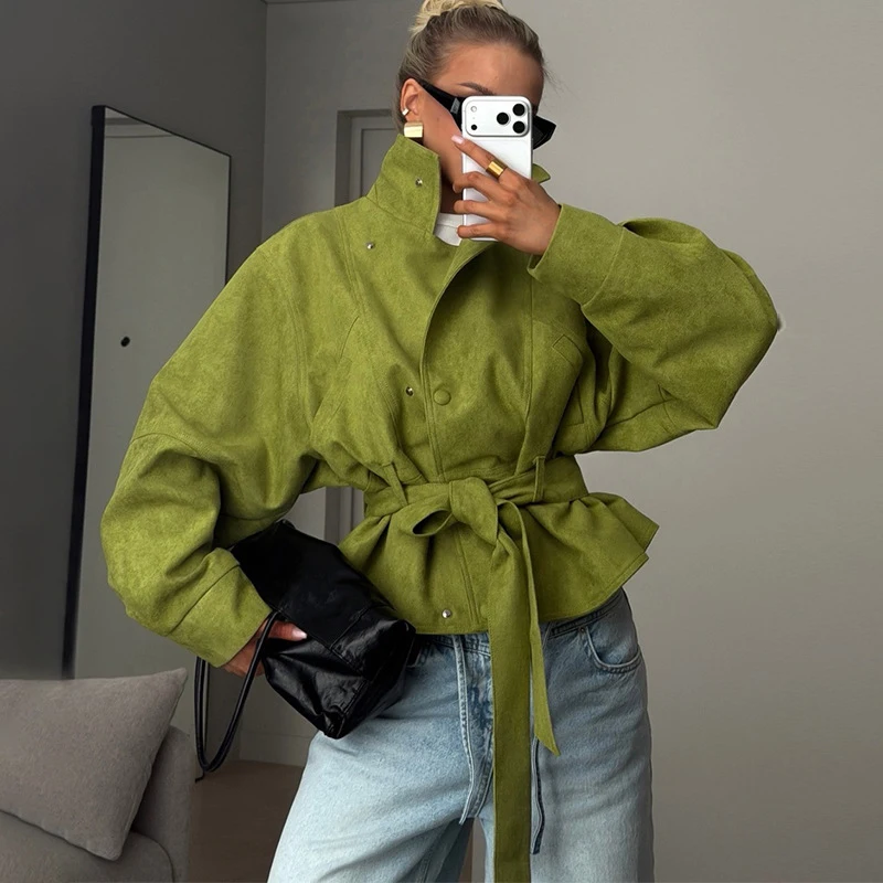 Green Stand Collar Jacket for Women Vintage Lace-Up Waist Cinching Short Windbreaker Autumn 2026 New Long Sleeved Coat