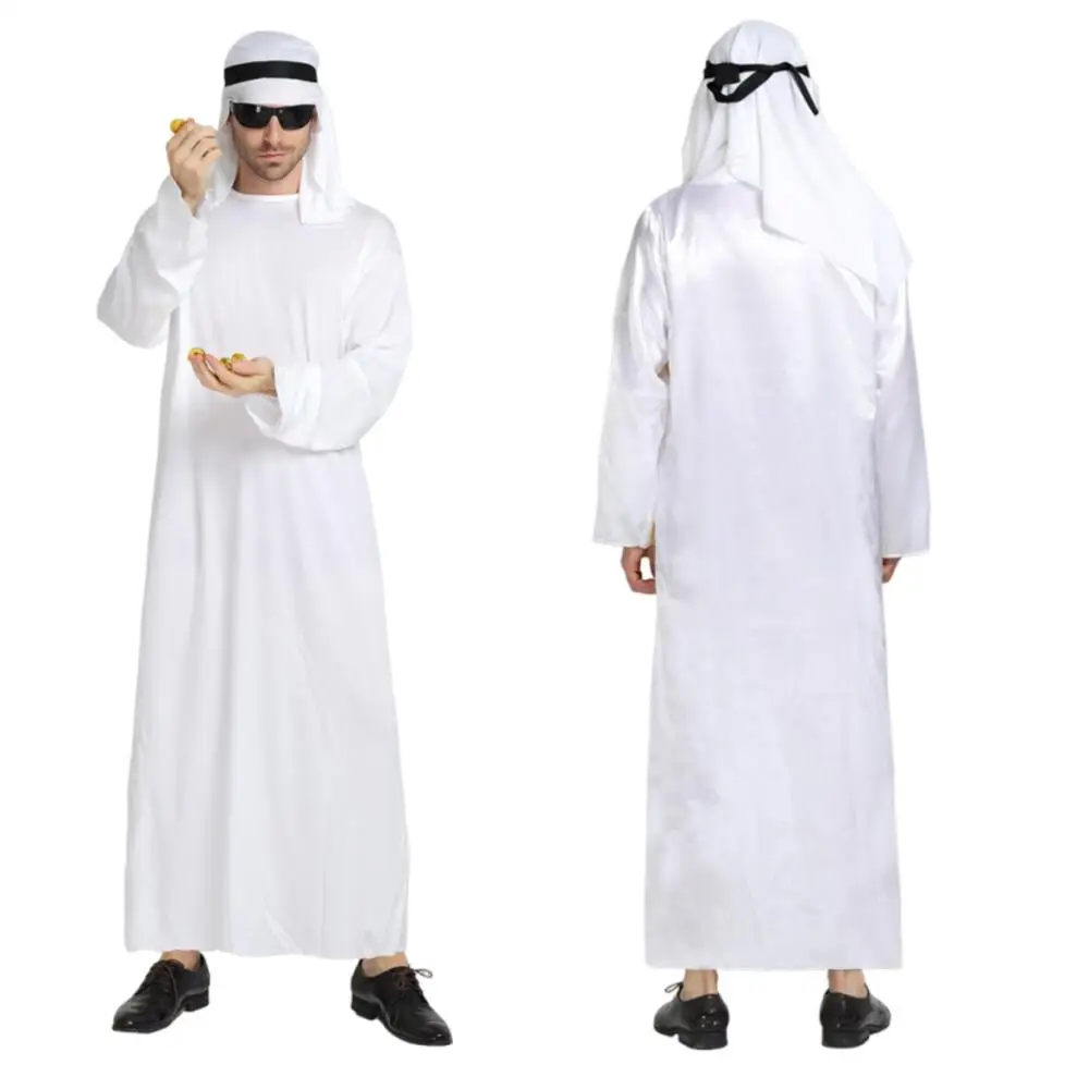 

Arabian Prince Costume White Thobe With Headscarf Long Sleeve Robe Traditional Outfit Halloween Cosplay Dress Up Outfit For Men