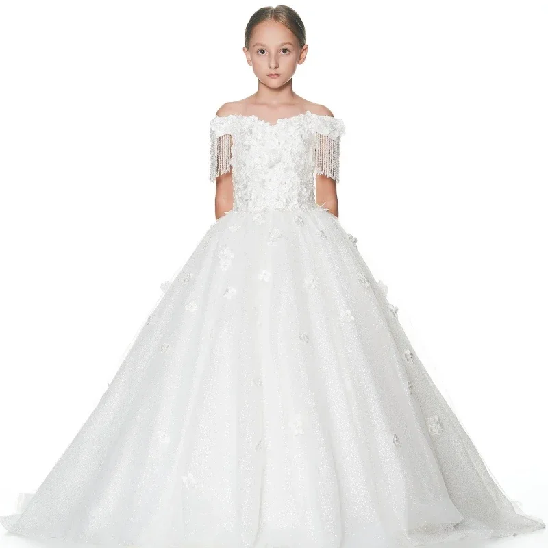 

Flower Girl Dresses High Neck Lace Appliques Cap Sleeves Princess Formal For Wedding Party First Communion Gowns