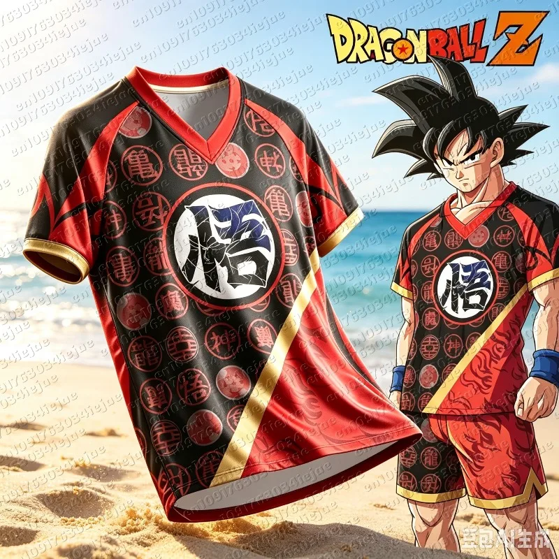 Men Dragon Ball Z Goku Kid Symbol Mesh V-Neck Soccer Jersey, Y2K Anime Streetwear for Comic Con, Shonen Otaku Casual Outfit
