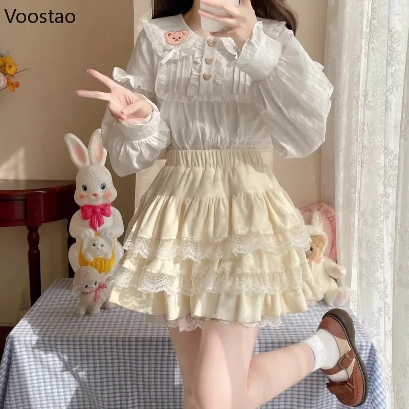 Lolita Blouse Japanese Women Sweet Little Bear Embroidery Peter Pan Collar Long Bunny Ears Cotton Shirt Sweet Cute Blusas Mujer