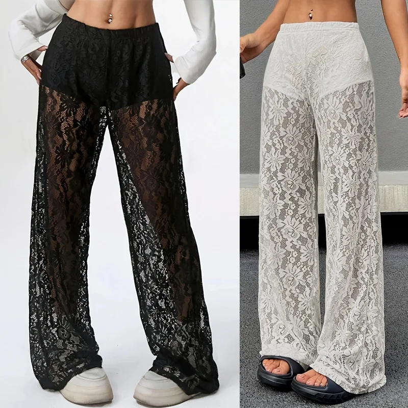 Damenhosen 2025 Neue Modische Personalisierte Einfarbige Spitzen-Jacquard Mikro-Transparente Gerade Freizeithosen