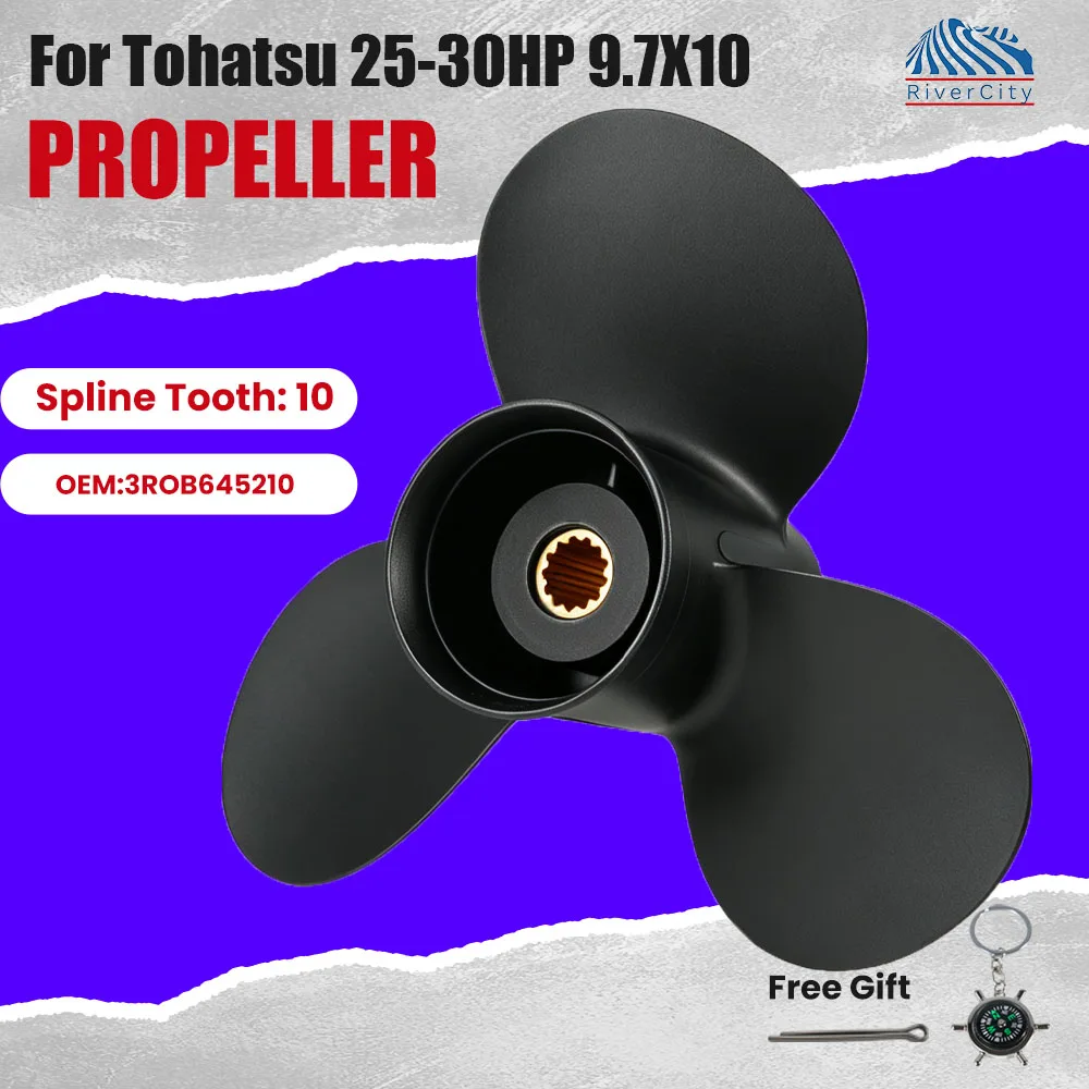 3ROB645210 Boat Propeller 9.7x10 for Tohatsu 25HP 30HP Aluminum Alloy Screw 3 Blade 10 Spline Tooth Outboard Engine