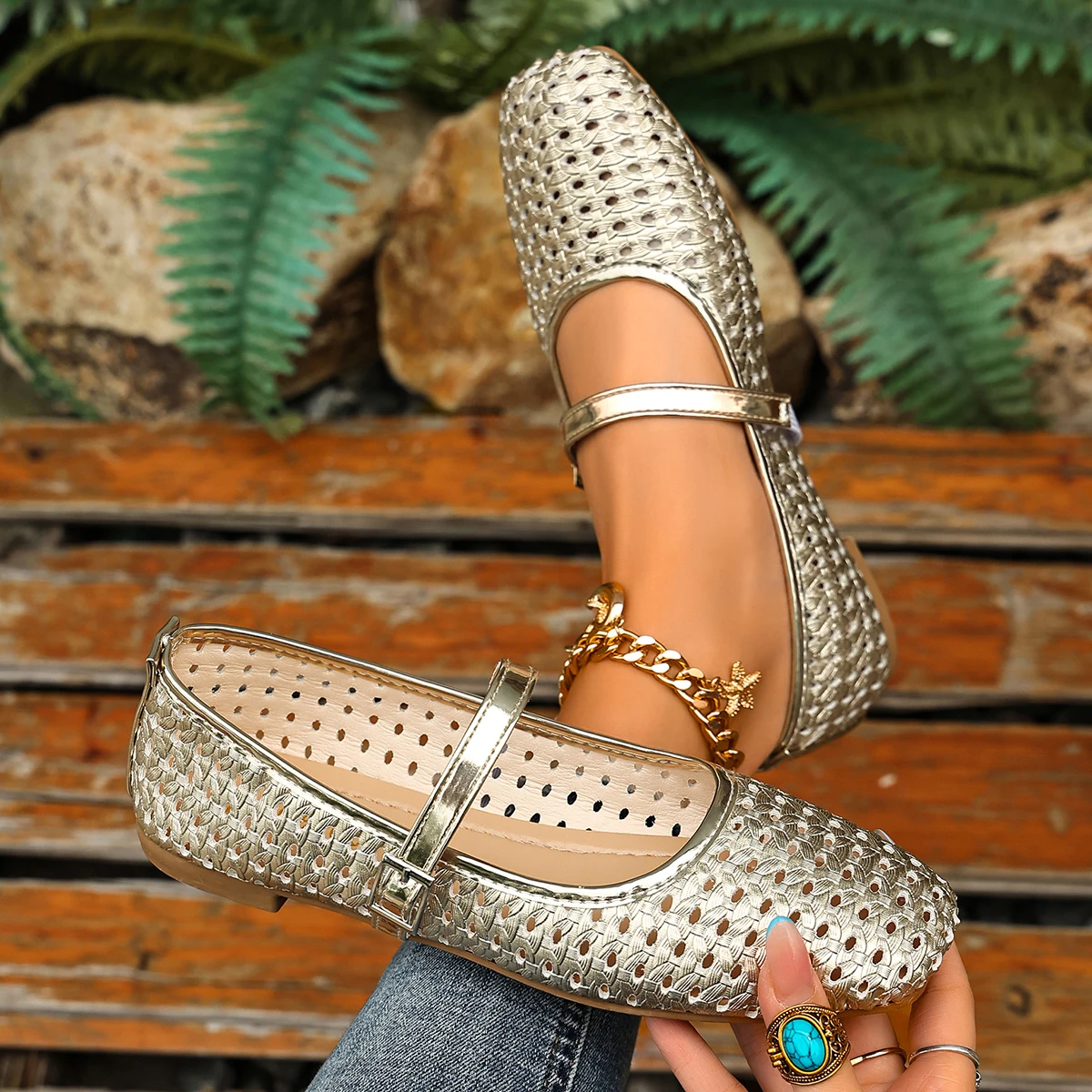 Women Flats Hollow Out Weave Mary Janes Shoes Women Breathable Summer Flats Shoes Ladies Elegant Loafers Lightweight Sandals