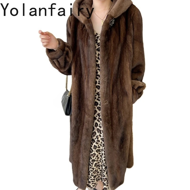 YOLANFAIRY Full Pelt Mink Fur Luxury Coat Whole Mink Natural Real Velvet Mink Coat Fur Jacket 2026 Woman Hooded Winter Coat