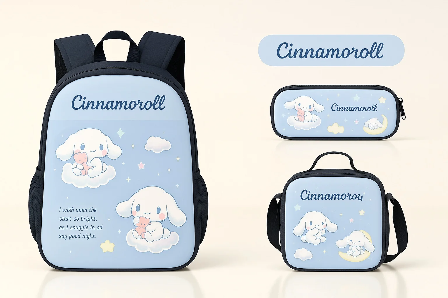 Cinnamoroll Cute Cartoon Backpack,School Classic Bookbag with Pencil Box,Reusable Lunch Tote 3Pcs Set for Boy,Girl