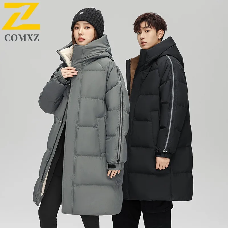 COMXZ New Winter Down Padded Jacket Men Women Korean Fashion Long Warm Thick Padding Coat Outdoor Ski Cold-proof Hooded Parka