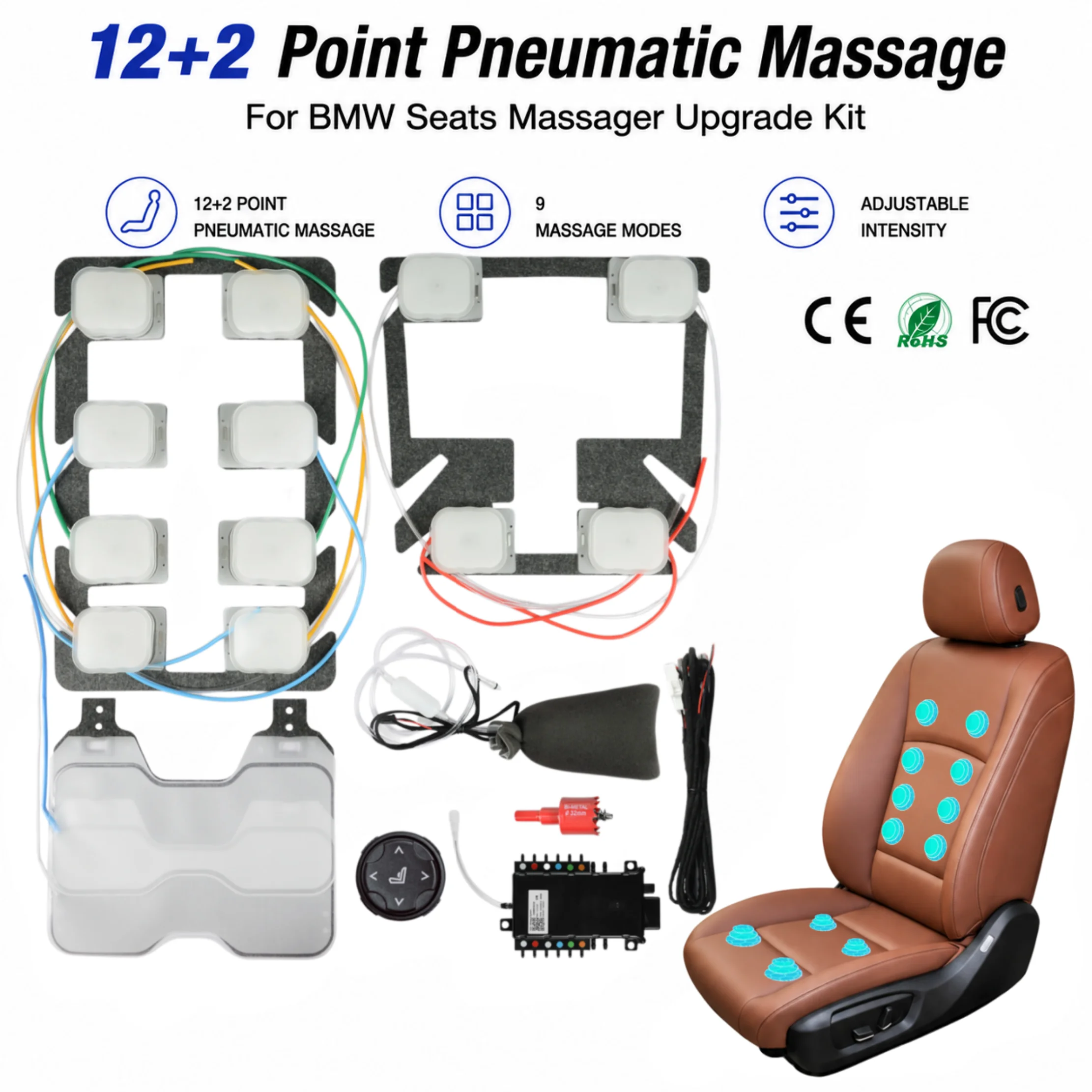 For BMW Massage Seat Retrofit Kit 12V 12+2 Points Pneumatic Massage Lumbar Support System No Coding Required Plug & Play
