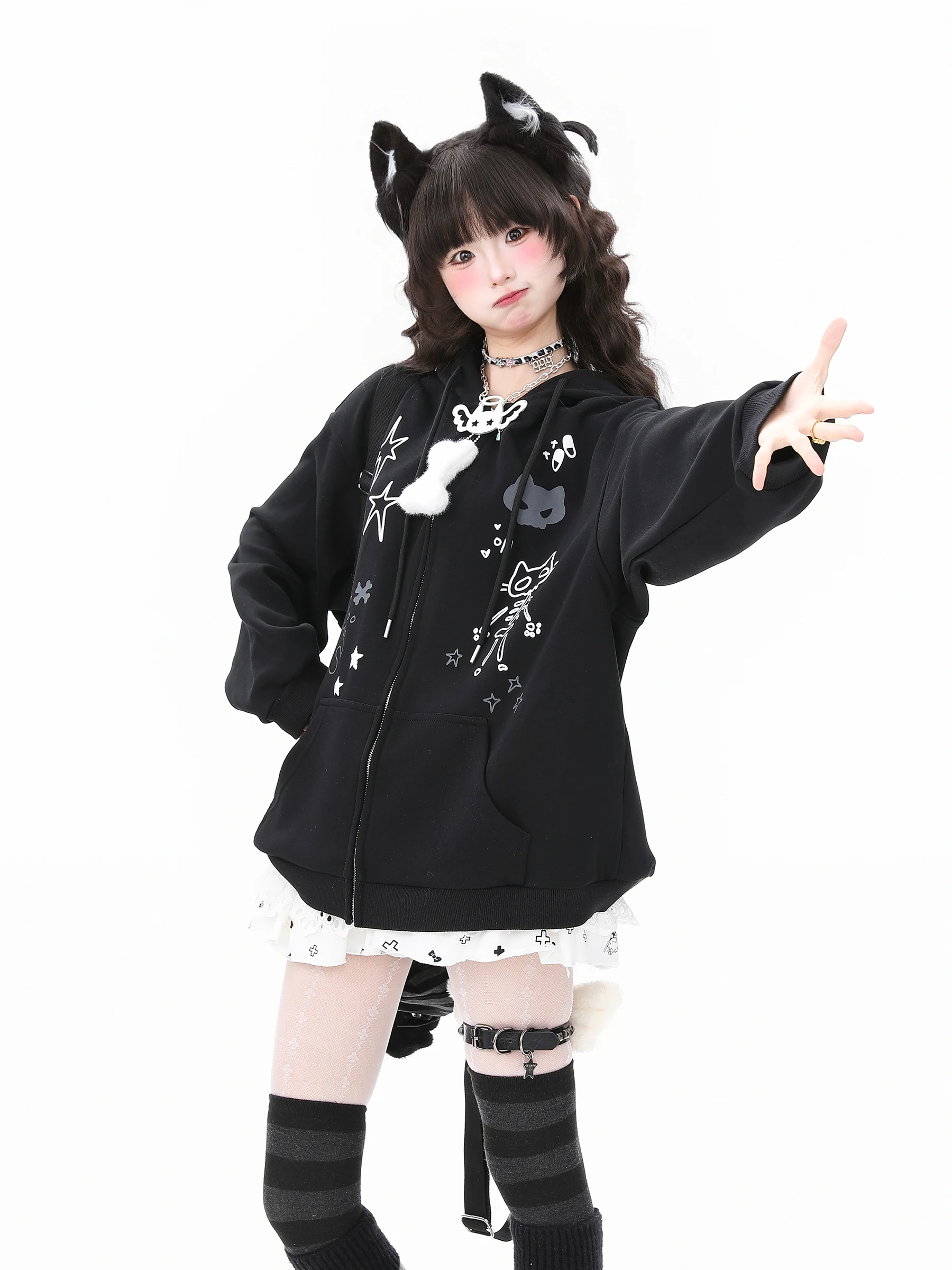 2025 Spring and Autumn New Japanese Style Cute Gray and Black Cat Print Loose Casual Hooded Sweatshirt Cardigan Jacket