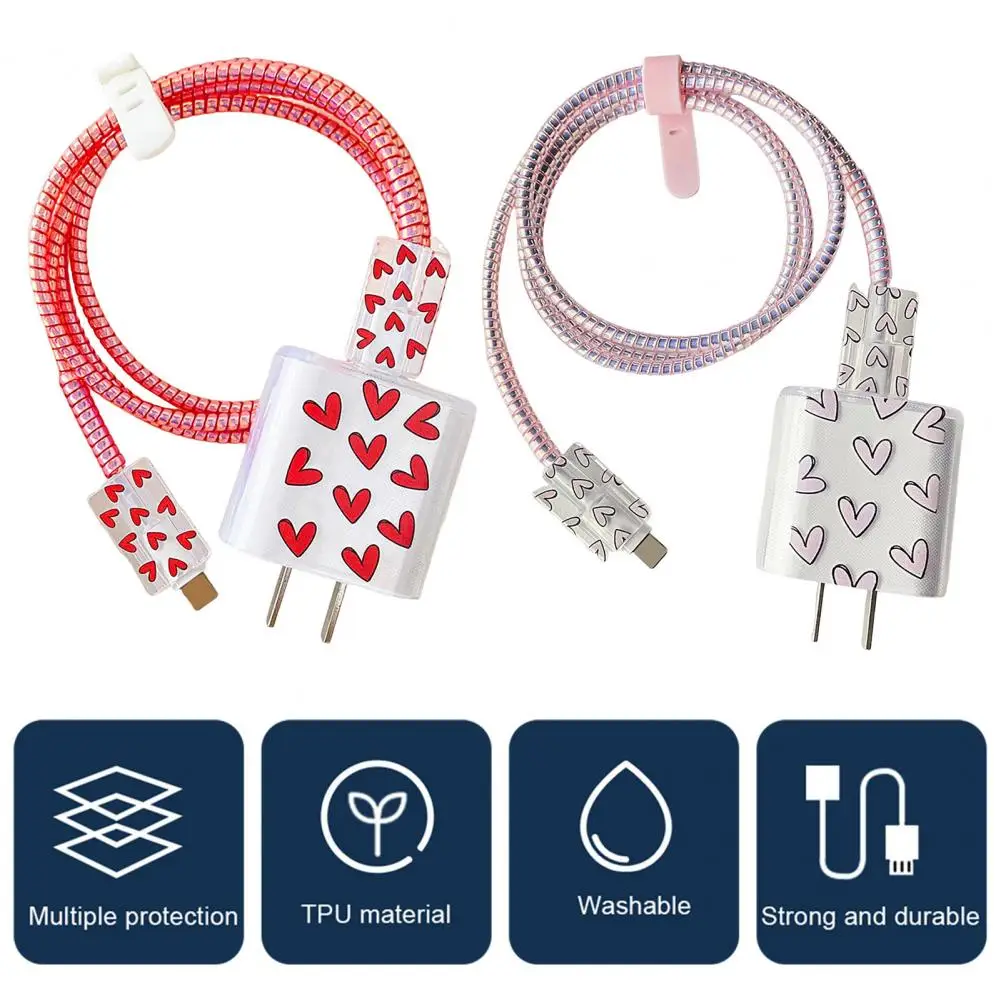 Protective Rope for Apple Charger Transparent Tpu Data Cable Protector Love Pattern Cable Protector for Apple 18/20w Charger