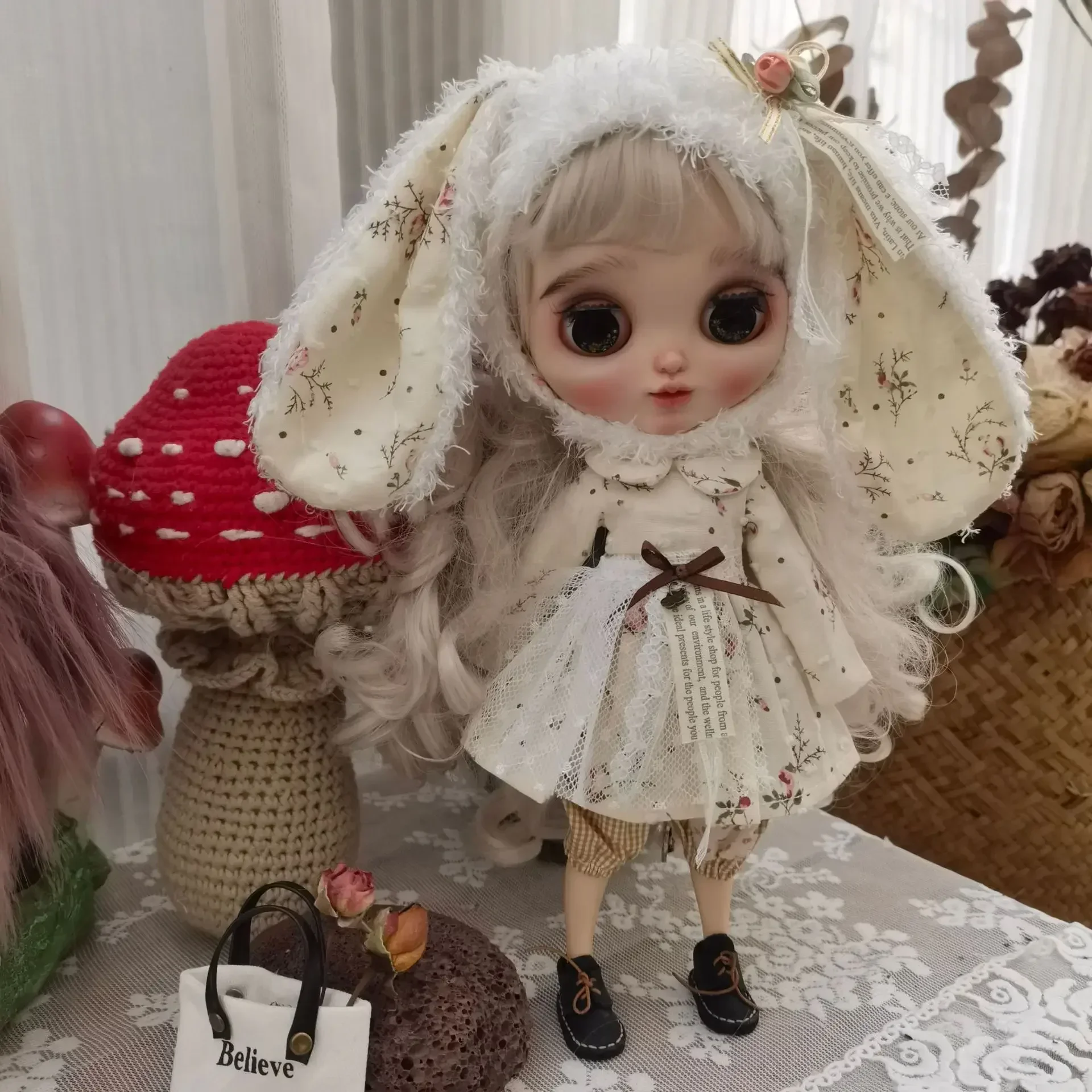 Handmade Doll Skirt Dress With Big Ear Rabbit Hat Doll Floral Patterned Dress For Blythes Ymy Licca Azones Ob24 Ob27 For Doll