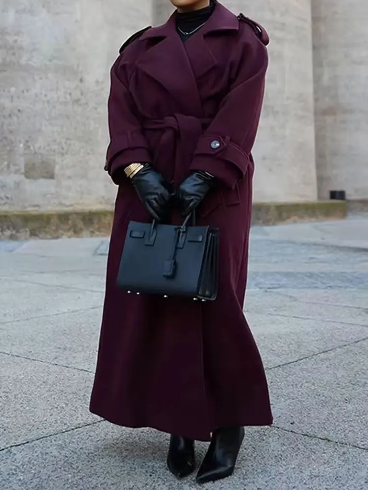 HH Female Autumn Elegant Oversize Burgundy Windbreaker Long Sleeves Lapel Double Breasted With Belt Commute Outerwear Coat