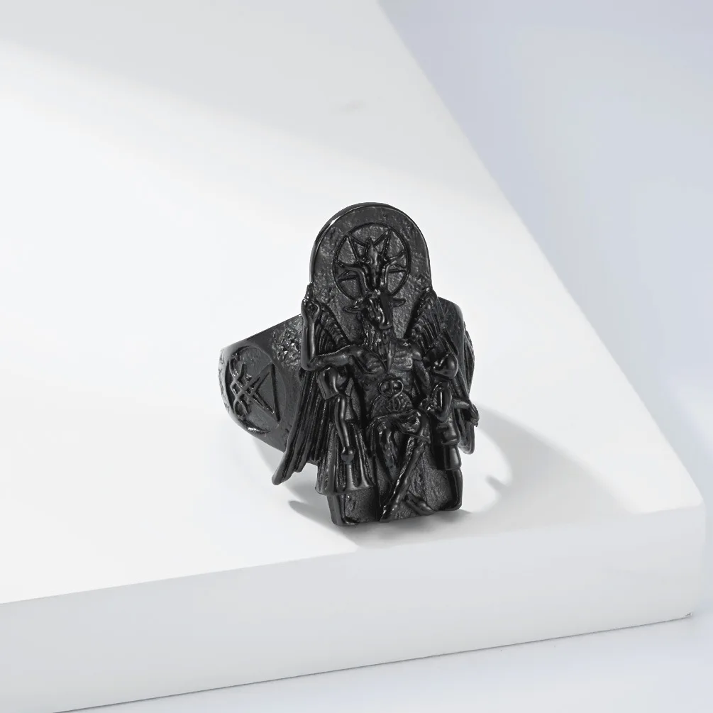 Men's Stainless Steel Dark Punk Style Fallen Angel Lucifer Devil Satan Goat Ring Fashionable Gothic Accessory
