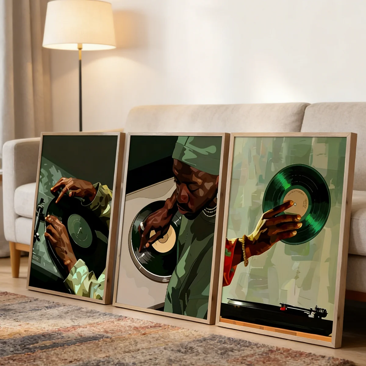 3PCS frameless  /set Black Man DJ Vinyl Record Canvas Prints Poster Modern Hip Hop Music Trendy Art Prints Living Room Wall Art view 3