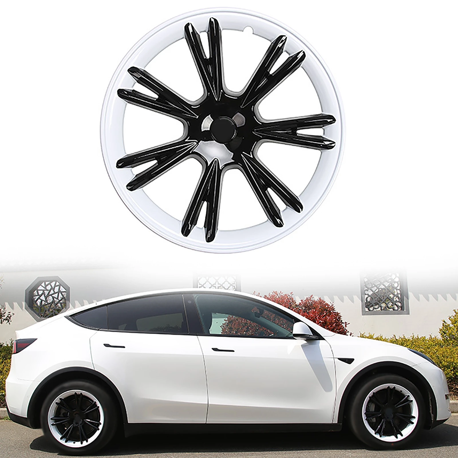 4PCS 19inch Car Hub Caps Wheel Hub Cover Cap Black & White Wheel Rim Cover Protection For Tesla Model Y 2020-2021