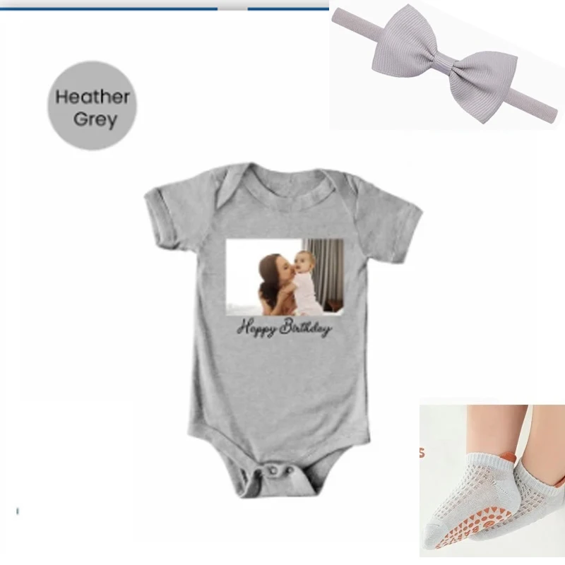 3pcs set Personalized Photo Baby Bodysuit, Custom Picture Onesie with Happy Birthday Print,  Romper  for Birthday Party Keepsake