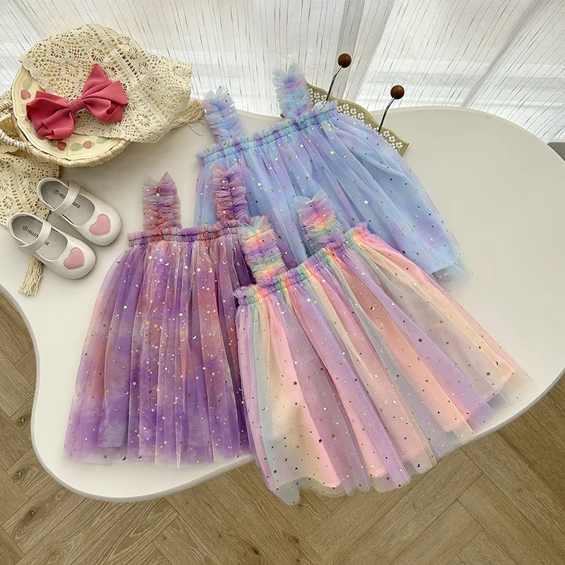 MILANCEL Girls Sweet Lovely Dress Summer Kids Rainbow Mesh Sequin Skirt Children Outwear Star Moon Princess Dress