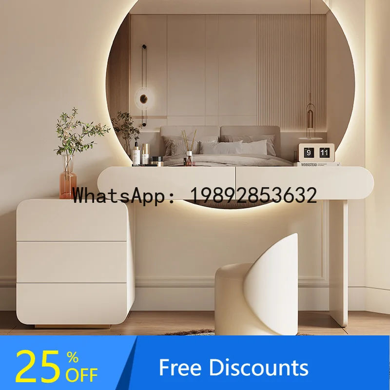 

CZ Bedroom Storage Cabinet Integrated Small Apartment Large Round Mirror Extendable Makeup Table Eco-friendly Piano Paint