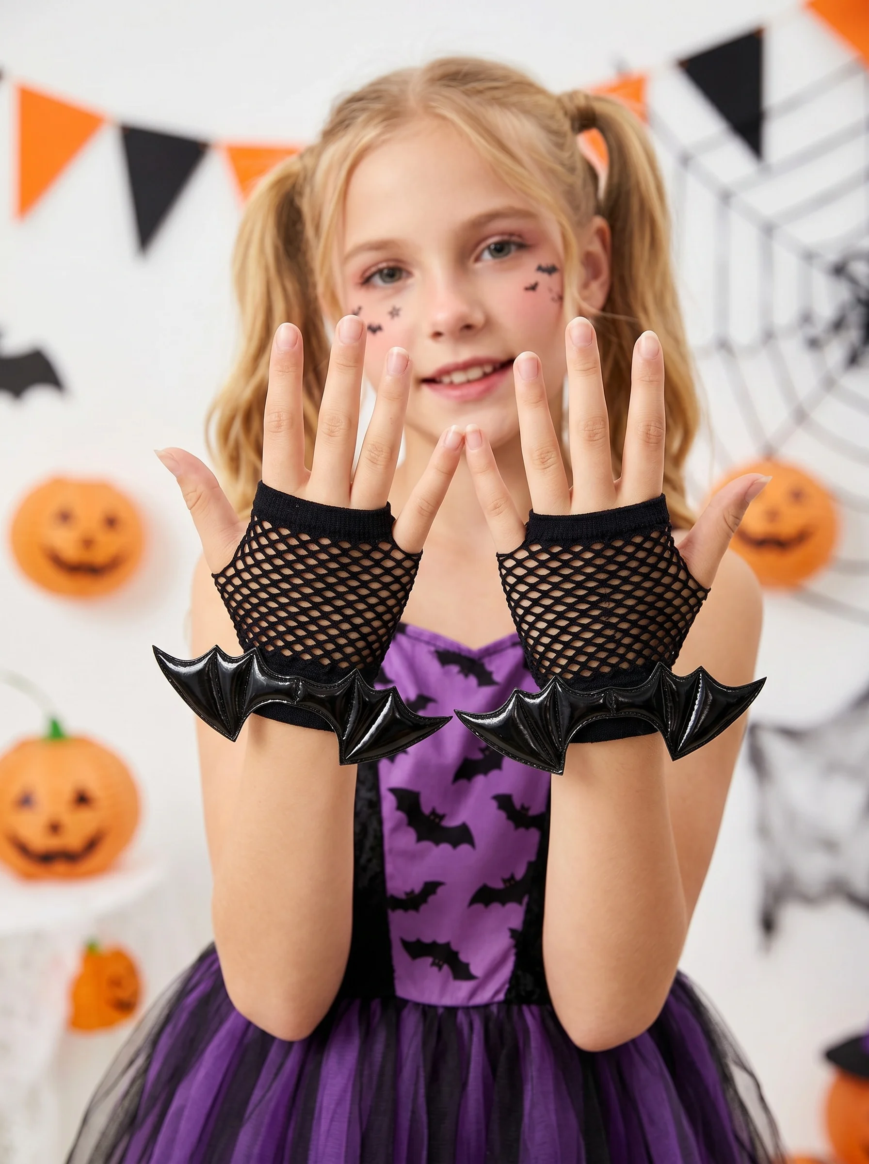 1Pair Kids Girls Fishnet Fingerless Gloves With Bat Wing Decor For 3-8Y Halloween Stage Show Party Holiday Costume Decor Props