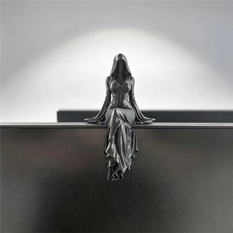 Lady Reaper-Home Decoration-Halloween Bookshelf Decor, Mysterious Statue Ethereal Hooded Figure Sculpture, Sitting Style-AB09