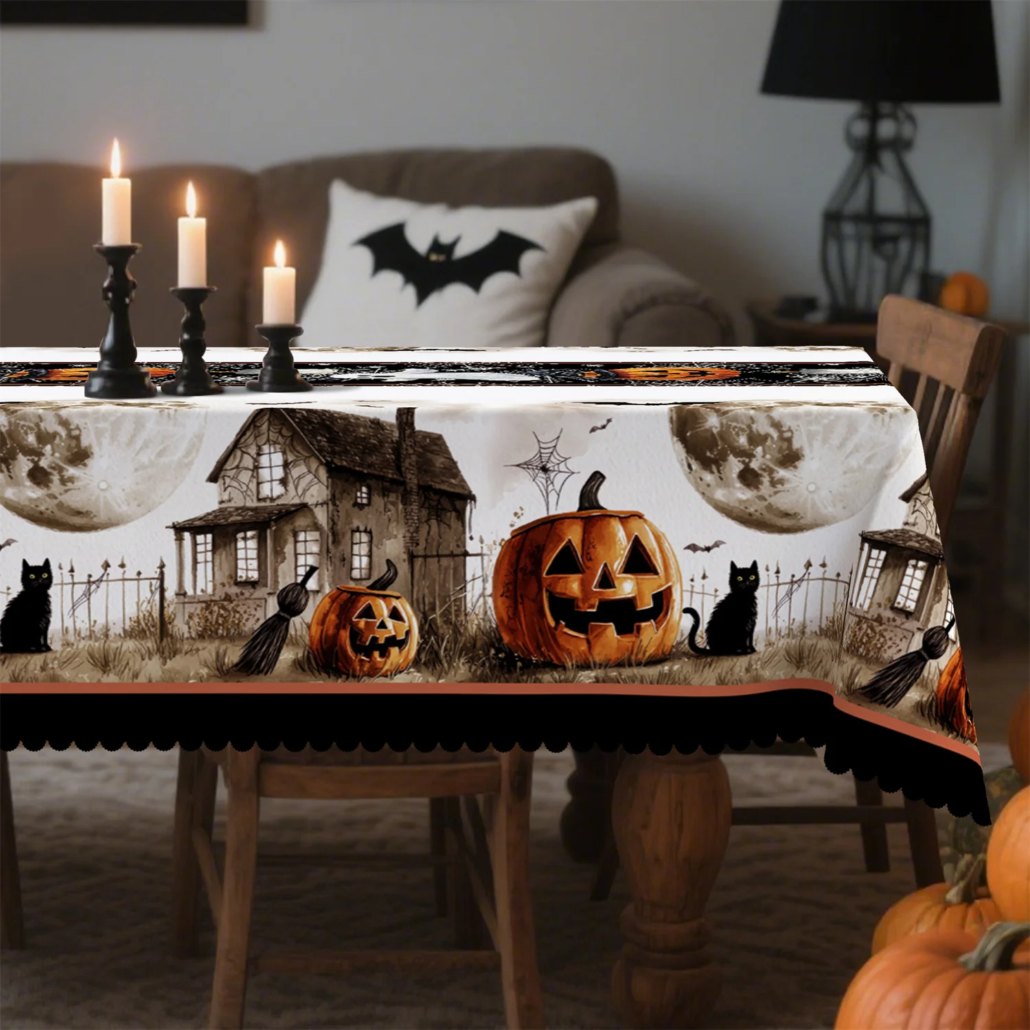 Halloween Cottage Pumpkin Rectangle Tablecloth for Tables Home Dining Waterproof Holiday Party Table Cloth Halloween Decorations