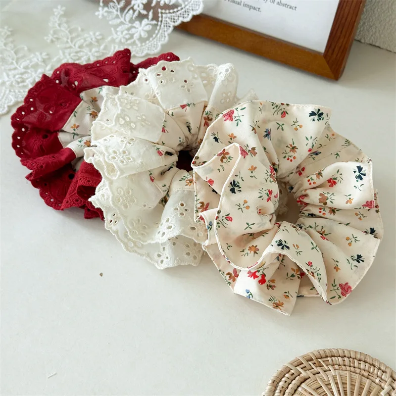 

Handmade New Style Lace and Flower Print Large Hairband, Hollow-out Extra-large Double-layer High-elasticity Premium Hair Tie