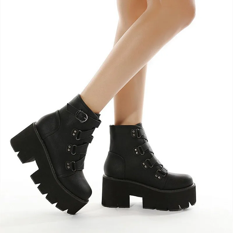 Punk Style Chunky High Heel Ankle Boots Women Cross Strap Platform Boots for Women Winter Non-slip Waterproof Warm Biker Botines