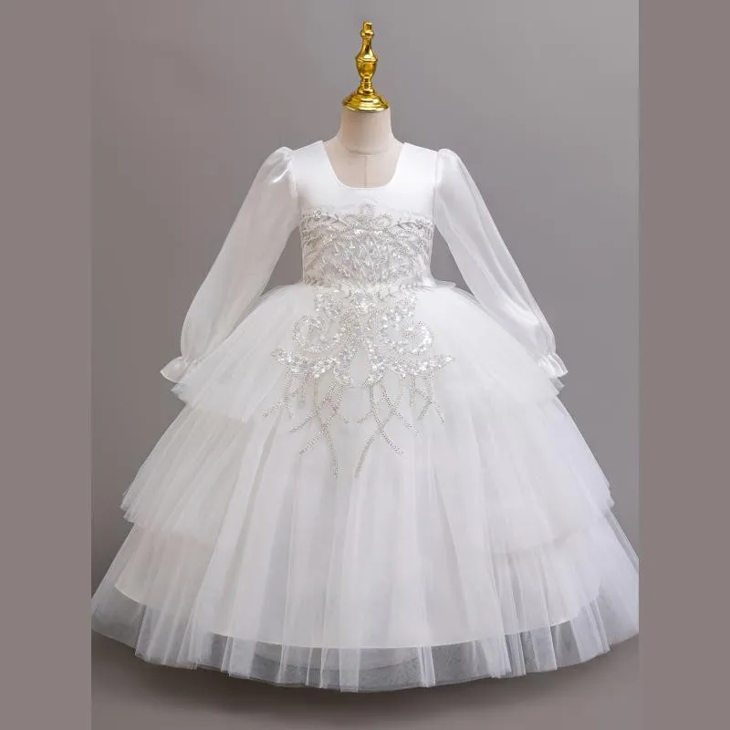 Sonder elegante vestido de dama de honor de encaje para niñas vestidos clásicos de flores con cuello redondo vestido de baile blanco para cumpleaños de niños personalizado