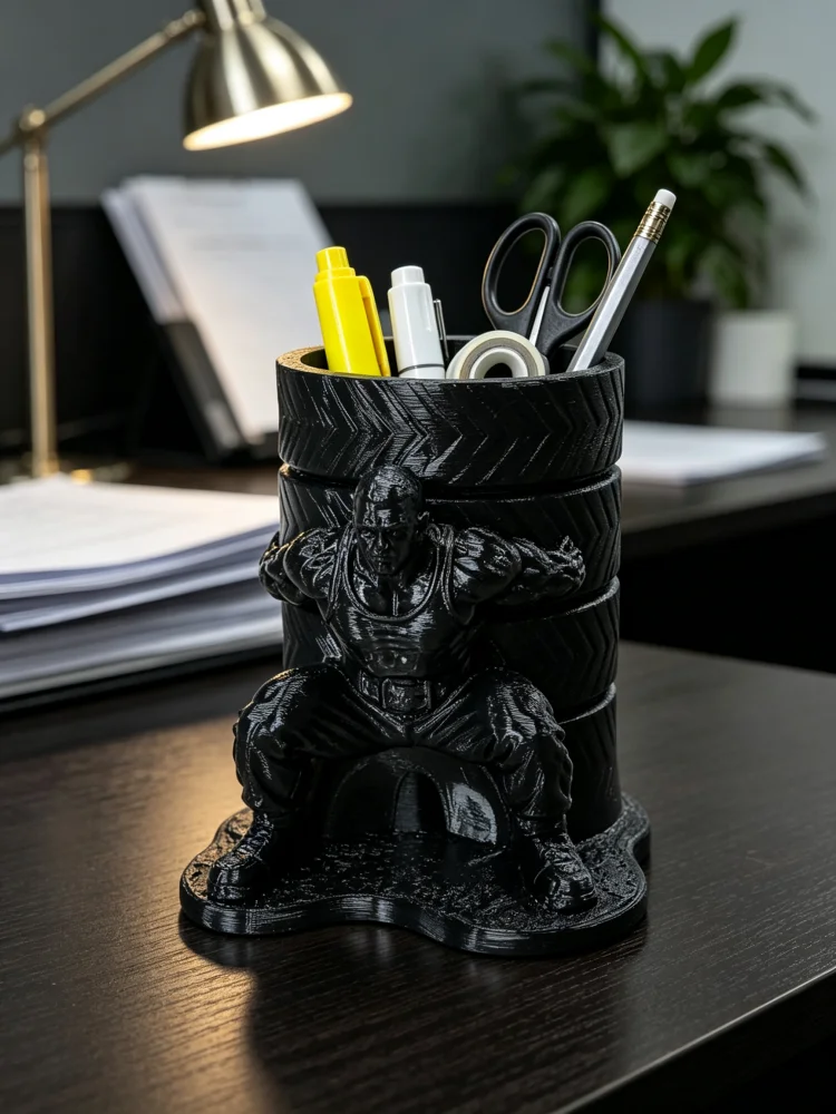 Man-Shaped Pen Holder with Tire Design, Muscle Man Statue Pencil Holder for Fitness Enthusiasts, Black Cylindrical Creative Human-Shaped Pen Cup, Desktop Stationery Organizer, Office Supplies Storage Box, Made of Petg Material, Sturdy and Durable, Large Capacity Storage to Keep Your Desk Tidy, Fun Sculpture Ornament, Suitable for Home and Office Use, Novelty Gift for Men, Teachers, and Fitness Enthusiasts