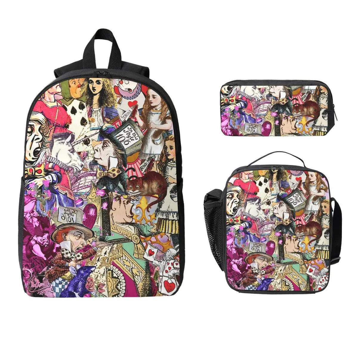 

Alice In Wonderland Backpack Student Boys Girls BookBag School Bag Laptop Shoulder Bags 3ps Insulated Lunch Bag Pencil Case