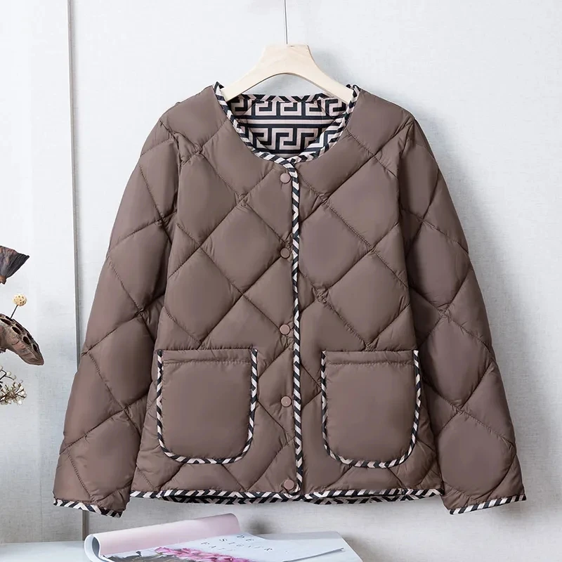 Women\'s Coat Winter Loose Solid Coewlor Short Warm Cotton-Padded Jacket Simple Fashion Cotton-Padded Jacket Diamond Lattice Coat