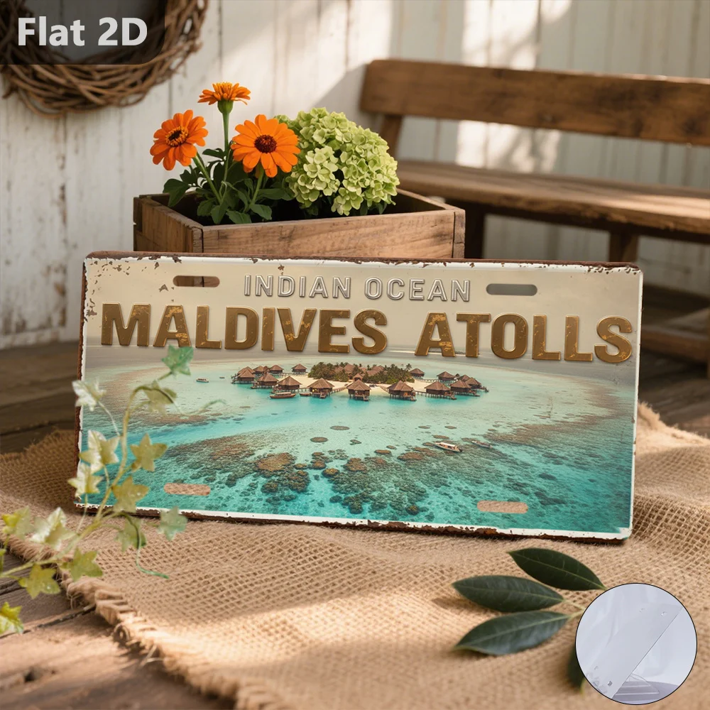 2D Flat, 2D Plane, [2D Plane] 2D Plane, 1pc, Tin Sign, Outdoor Sign and Wall Decor 30.48cm X 14.99cm, Maldives Atoll with Overwa
