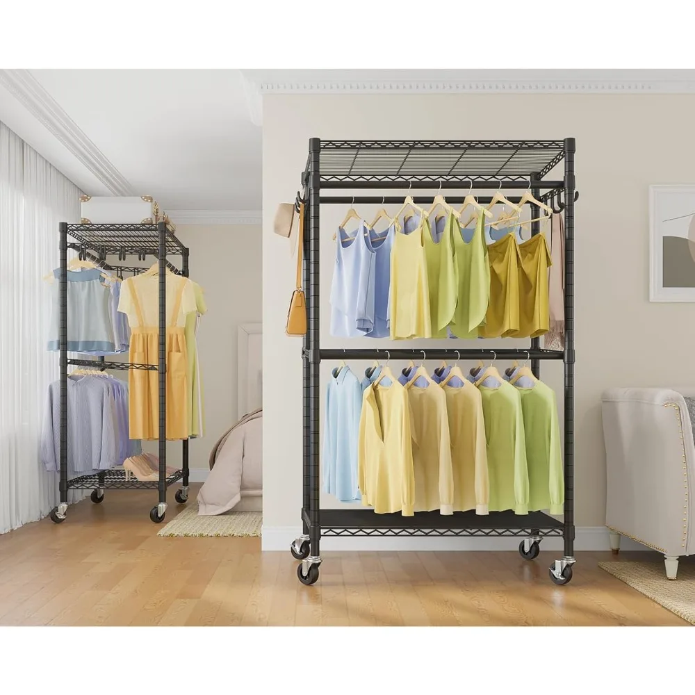 رف ملابس متحرك عالي التحمل على الوجهين مع أرفف قابلة للتعديل وقضبان تعليق، هيكل معدني لحل التخزين المتين