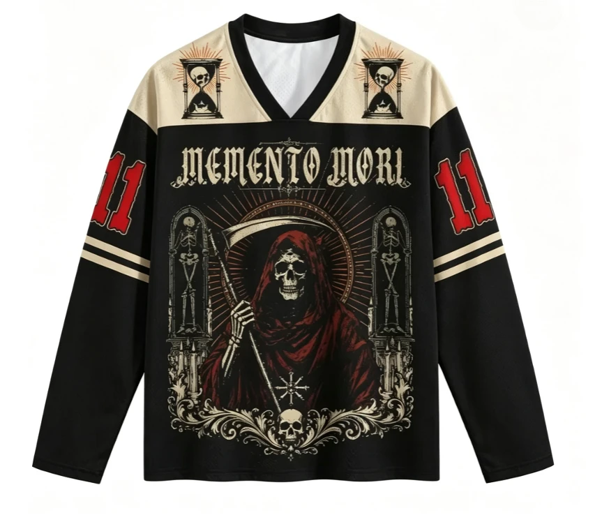 Men Vintage Grim Reaper Graphic Long Sleeve Jersey Straight Cuff V Neck Mesh T Shirt Gothic Streetwear Unisex Tops