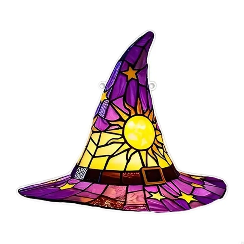 H8WB Wall Hangings Witch Hat Stained Glass Suncatchers Glass Panel Wall Art Decors