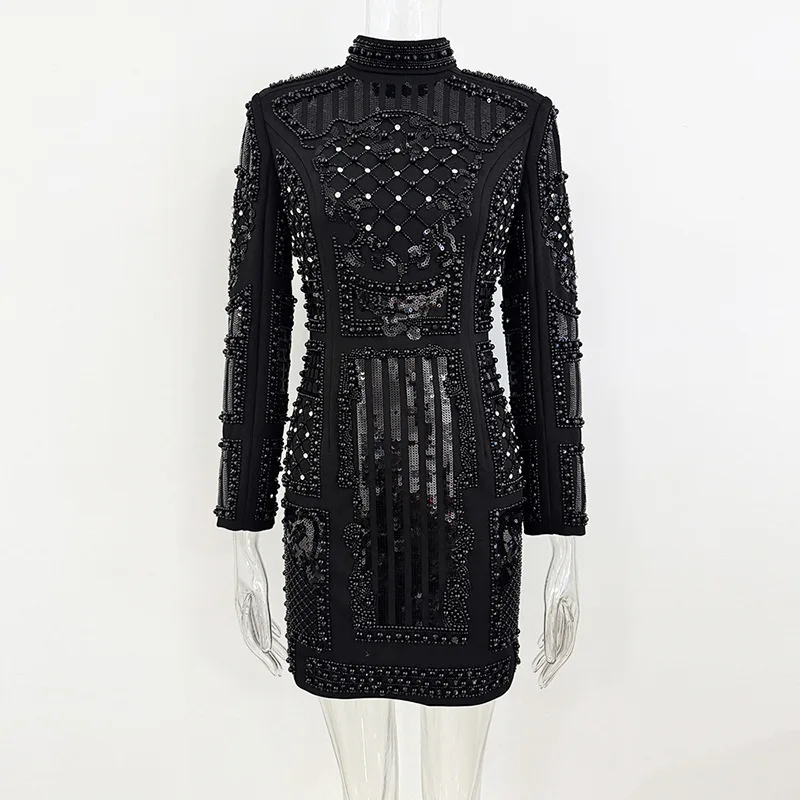 VC Autumn&Winter Diamond studs Short Dress Long Sleeves Beaded Sparkling Elastic Tight Bodycon Party Cocktail Gown
