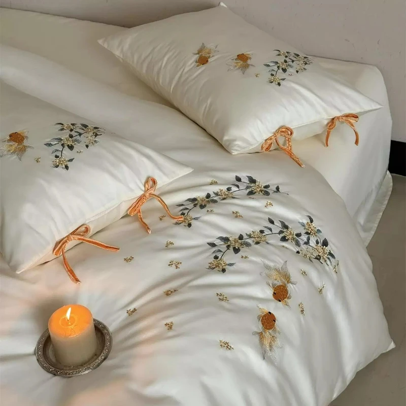 Chunguang Loquat | Retro Long Staple Cotton Pure Cotton Four Piece Set for Bedroom Light Luxury High-end Cotton Bedding