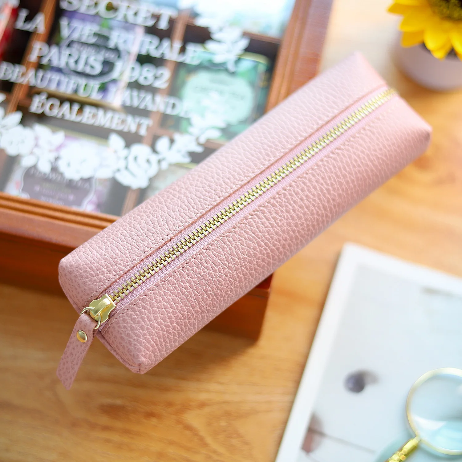 Cowhide Pencil Case with Lychee Pattern Korean Zipper Stationery Bag Creative Male and Female Student Pencil Case Storage Bag