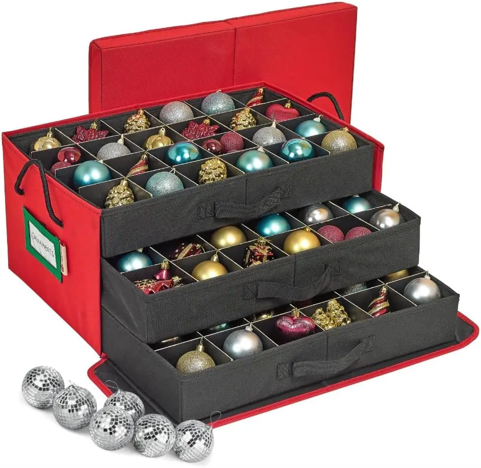 

Christmas Ornament Storage Box with Dividers, Holds 72 Ornaments, Portable Red Container