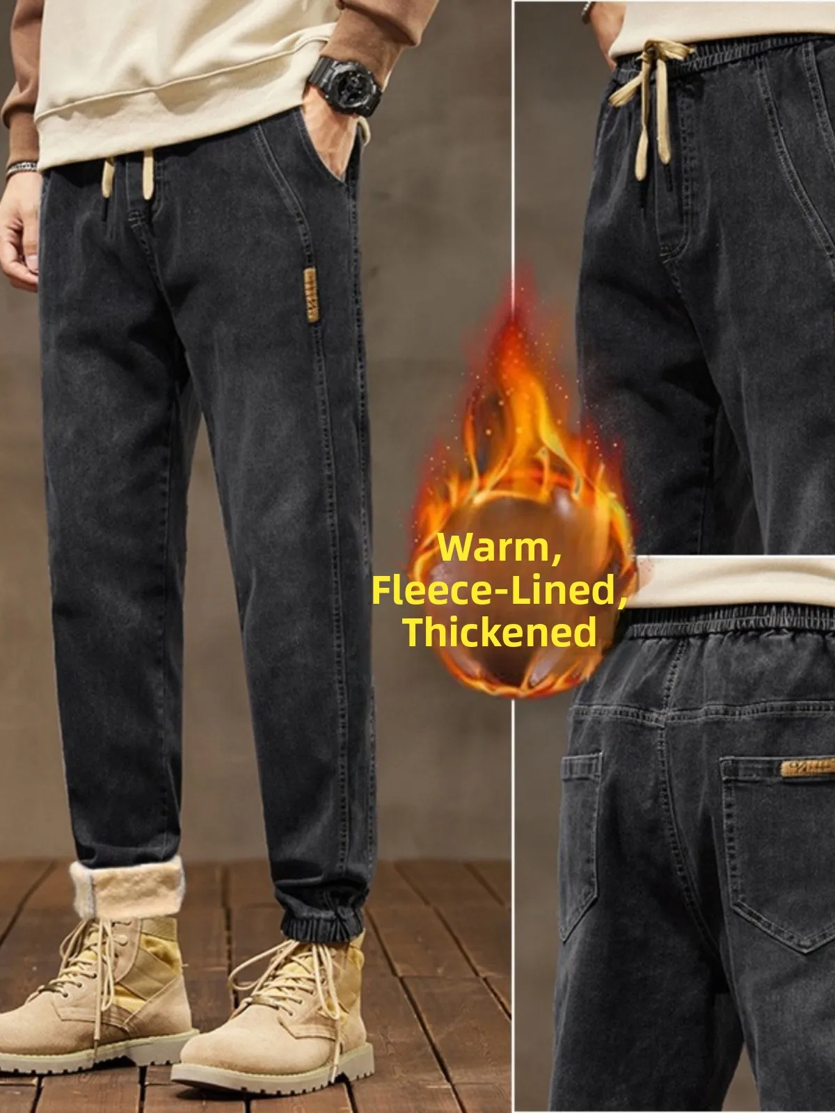 Men's Fce Lined Thi Denim Jeans Casual Warm Winter Harem Sle Long Trousers Dstring Waist Japanese Retro Sle