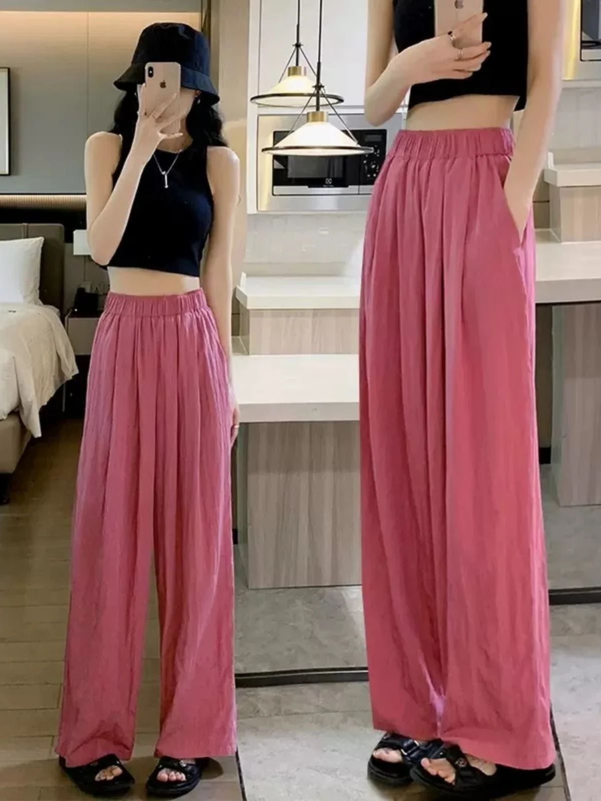 Slim Fit Straight Leg Casual Pants Women's Summer Thin Hanging Folded Narrow Version Wide Leg Pants Lazy Style Slimming Walki...