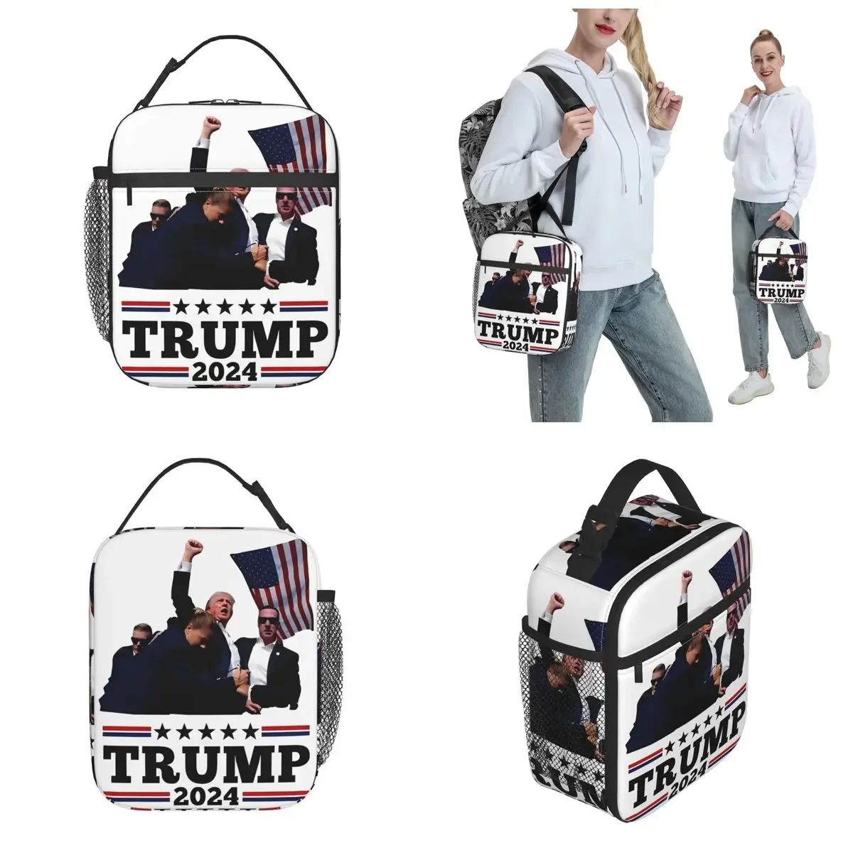 Trump Fight Never Give Up For America Insulated Lunch Bag Trump Shot Meme Food Container Bags Leakproof Thermal Cooler Lunch Box