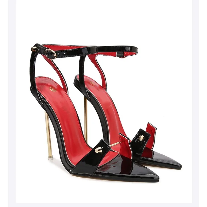 New European and American style metal heel pointed one-word buckle metal decorative catwalk high heels large size 35-47