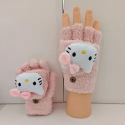 Sanrio Cinnamoroll Melody Kuromi Golves Women Kawaii Cartoon Warm Flap Open Half Finger Hello Kitty Y2k Knitted Coldproof Gloves