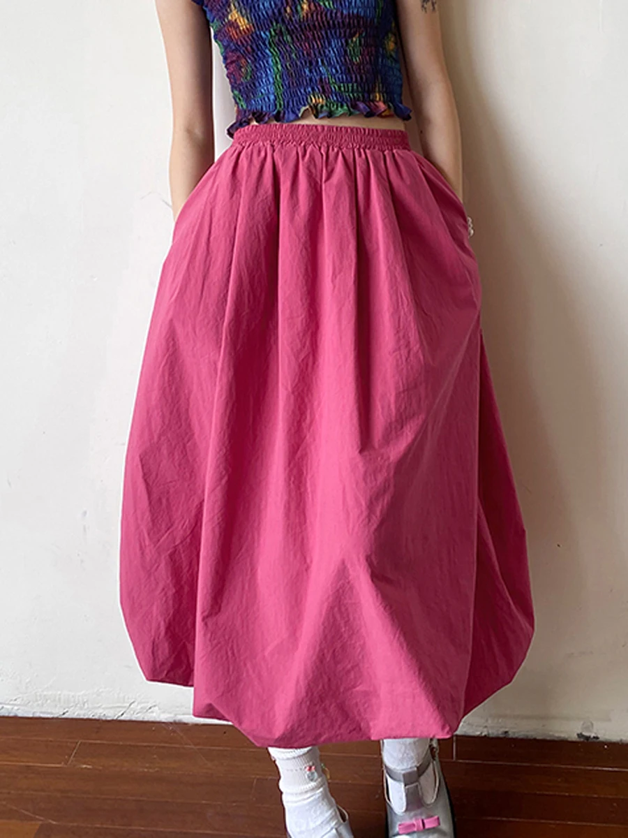 Women Y2k Puffy Balloon Long Skirts Elegant Low Waist Solid Color A-Line Maxi Skirts Casual Flowy Lantern Skirts Streetwear