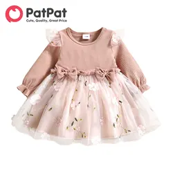 PatPat-Vestido Floral para Bebé, Roupa de Recém-Nascida, Vestidos de Festa Infantil, Rosa, Nervuras, Laço, Aniversário Infantil