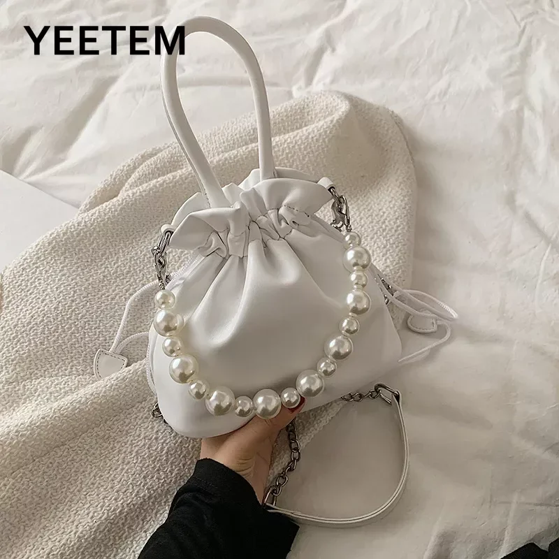 

Pearl Chain PU Bucket Bags Elegant Princess Handbag Fold Design Soft PU 2 Shoulder Straps Women Handbags