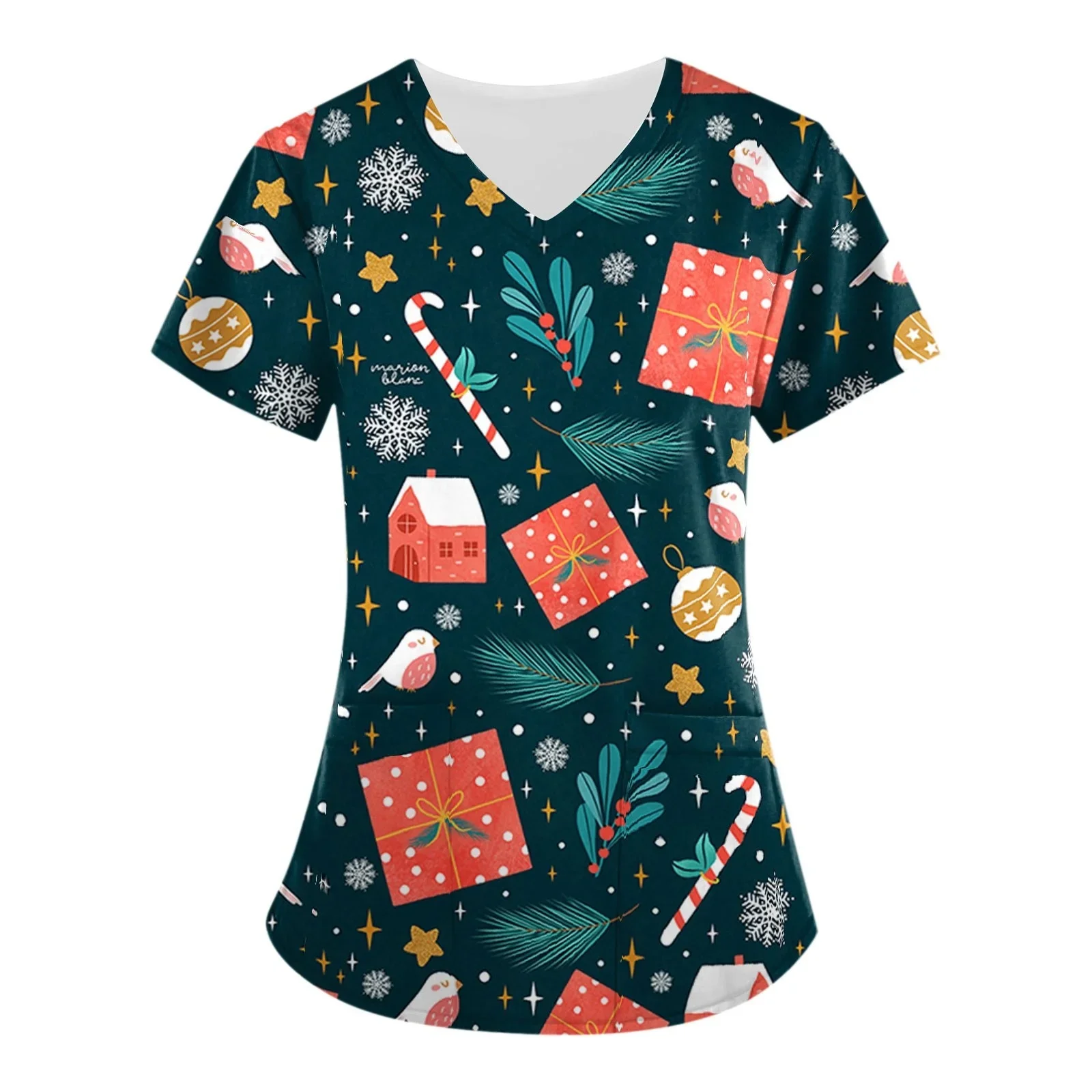 جديد عيد الميلاد الزي السريري امرأة الصيف الكرتون ثلاثية الأبعاد طباعة الزي الطبي مرونة صغيرة عادية الخامس الرقبة ممرضة موحدة امرأة