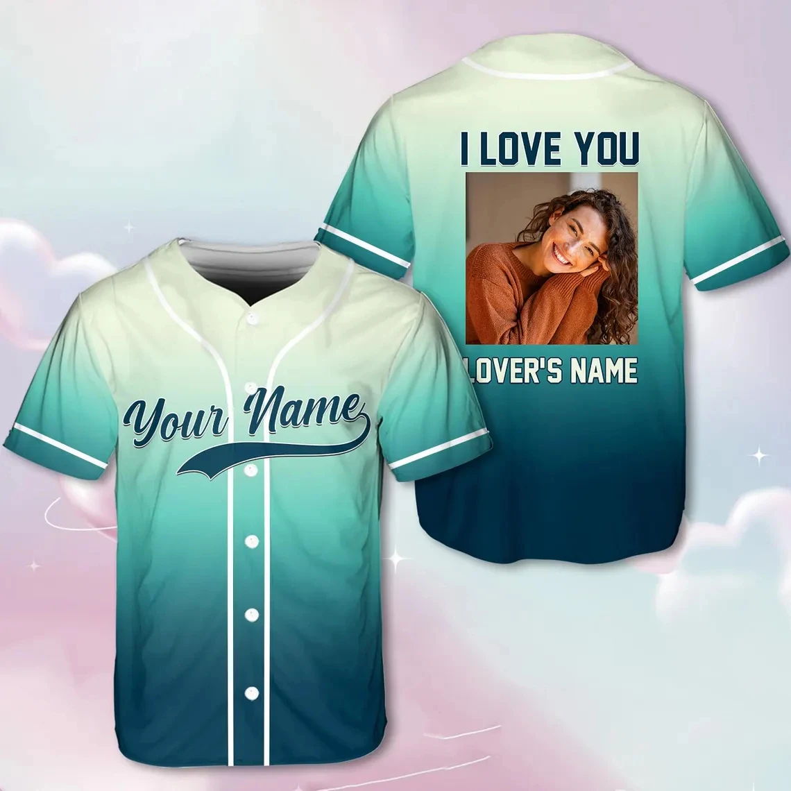 

Custom Photo Personalized Name Gradient Baseball Jersey Custom I Love You Slogan Back Print Button Down Short Sleeve Sports Tees