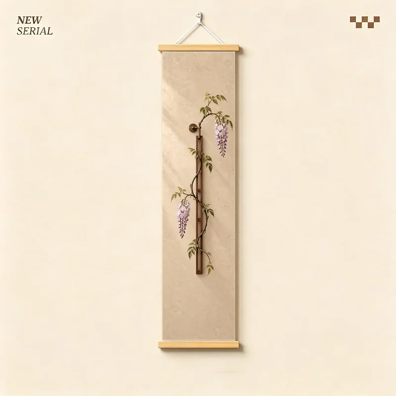 Wisteria Wall Art 4-Panel Purple Floral Vine Vase Hanging Scroll Set on Beige Silver Shimmer Canvas for Elegant Room Decor